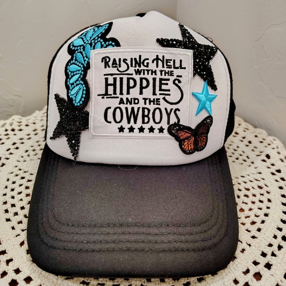 Western vibe patches on black mesh trucker hat Hippies And Cowboys Butterfly - Picture 1 of 4